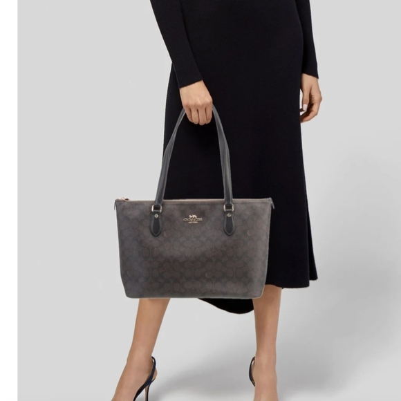 Coach Dark Brown Signature Canvas Tote with Black Leather Straps - Picture 3 of 7